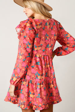 Mini-robe florale à manches longues et épaules volantées rose rouge