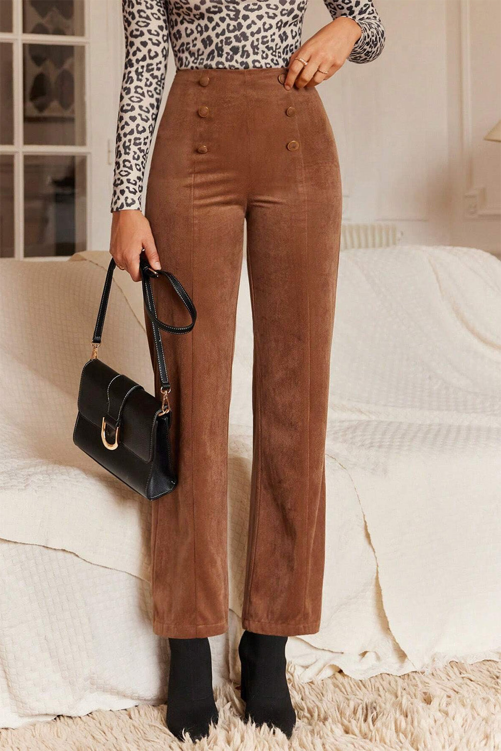 Pantalon droit croisé de couleur unie marron