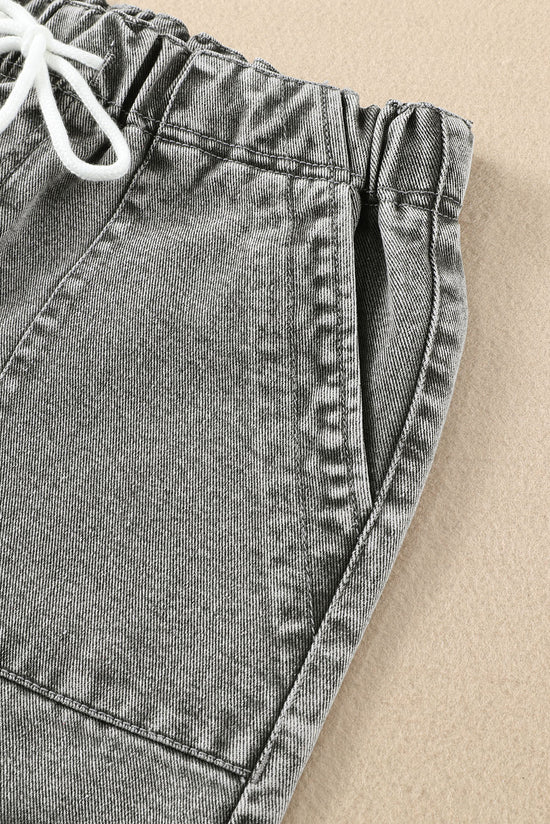 Grey high waisted denim shorts with pockets and drawstring