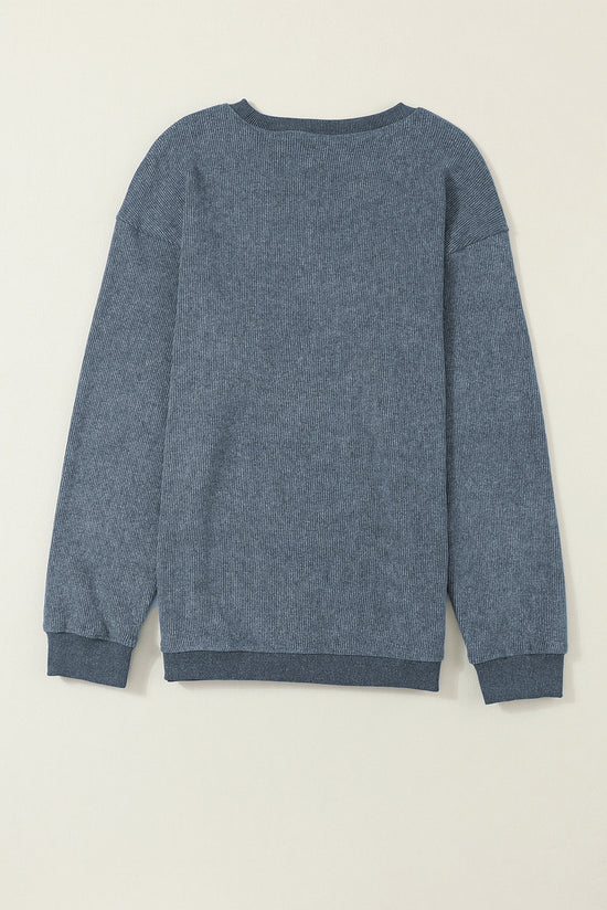 Plain blue ribbed knit crew neck sweatshirt