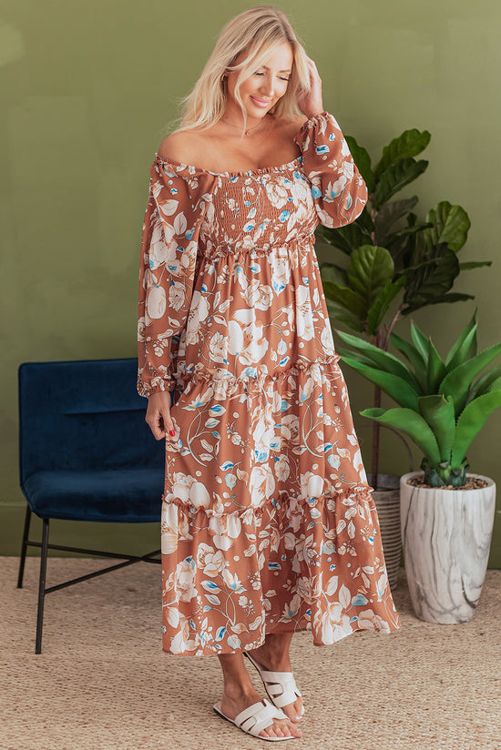 Robe longue imprimé floral froncé à col carré et taille haute marron