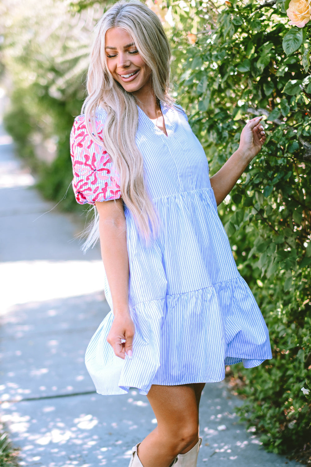 Sky Blue Stripe Contrast Floral Puff Sleeve Tiered Ruffle Dress