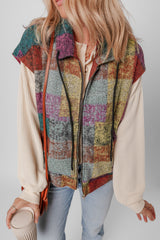 A large zipped vest with multicolored Scottish print with side pockets