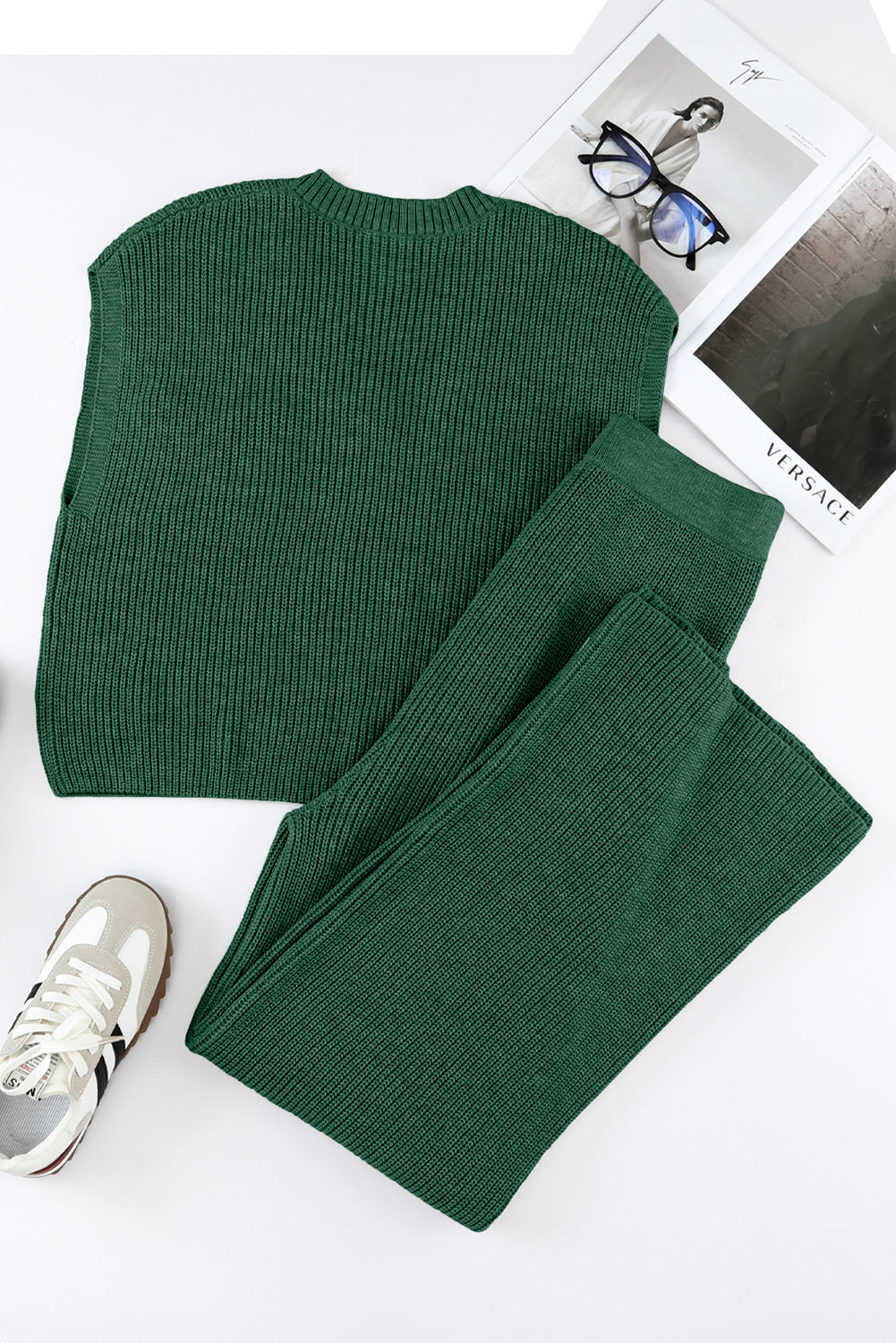 Green knitted v-neck sweater and casual pants set