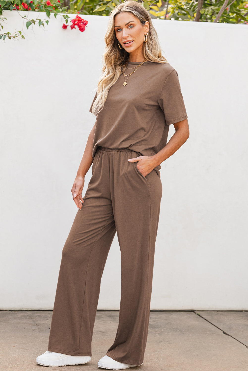 Smoke Gray Solid Color T-Shirt and Wide Leg Pants 2 Piece Set