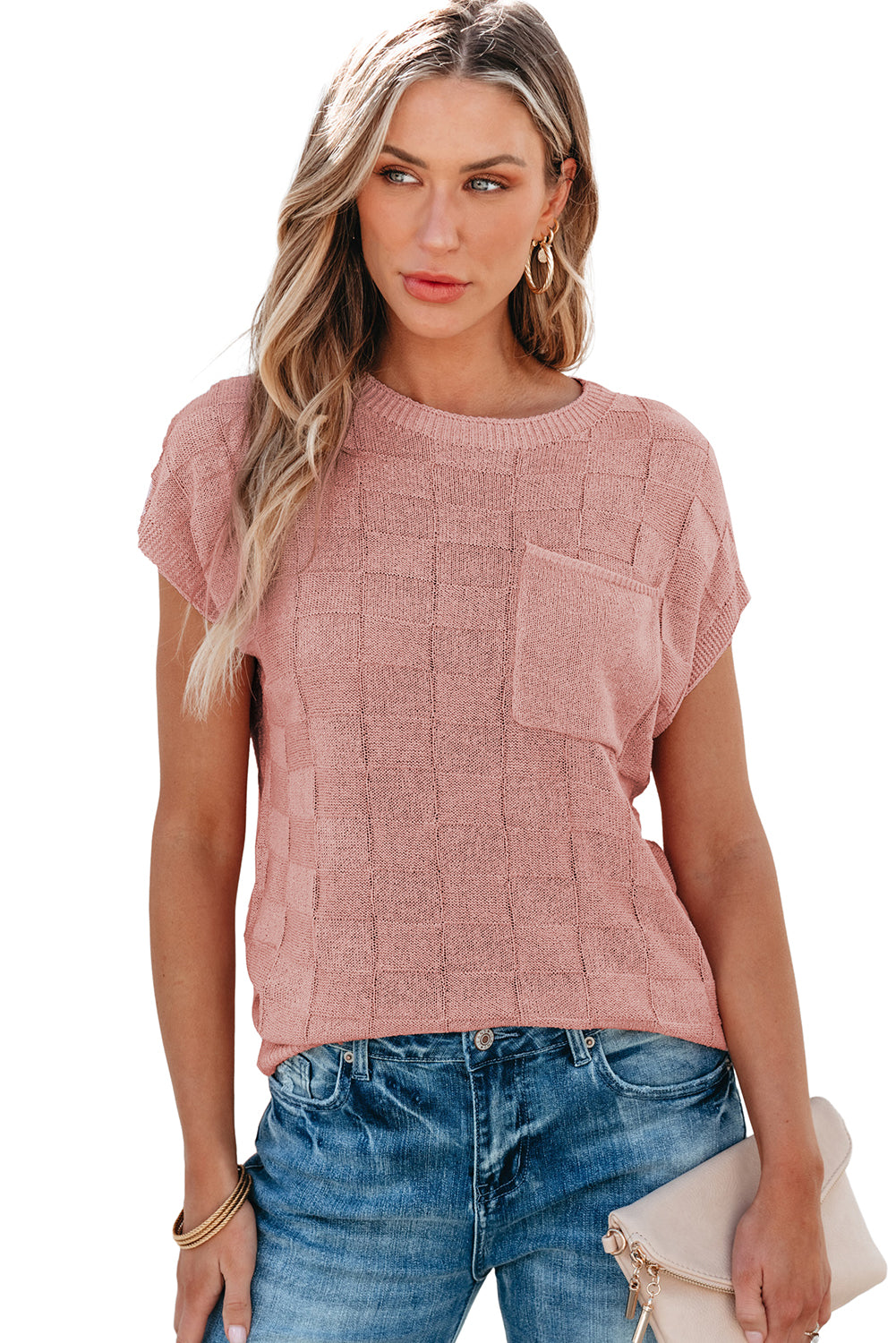 Staubiger rosa Gitter strukturierter Strick -Kurzarmpullover