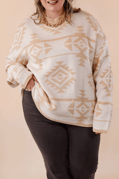 Plus Size Western Aztec Print Loose Sweater Apricot