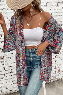 Red open front kimono with paisley print