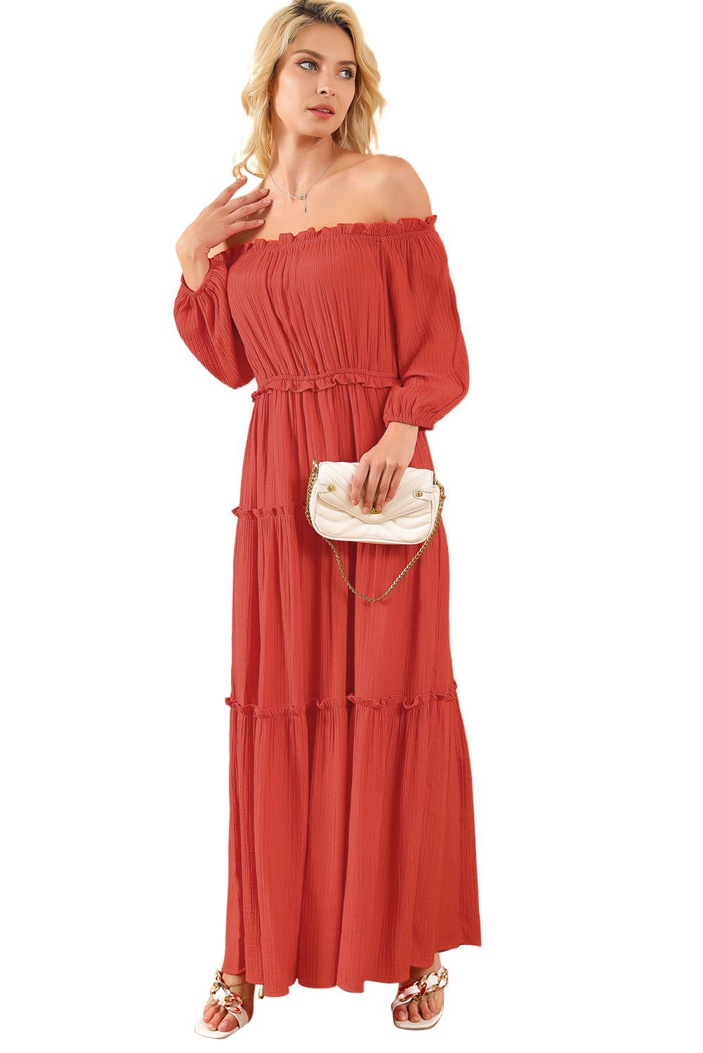 Orange Off Balloon Balloon Soueve Coupte Ruffled Maxi Robe