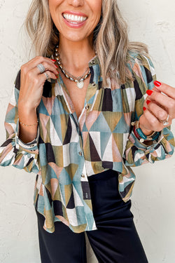 Ballooned Green Geometric Print Greek Sleeve Shirt