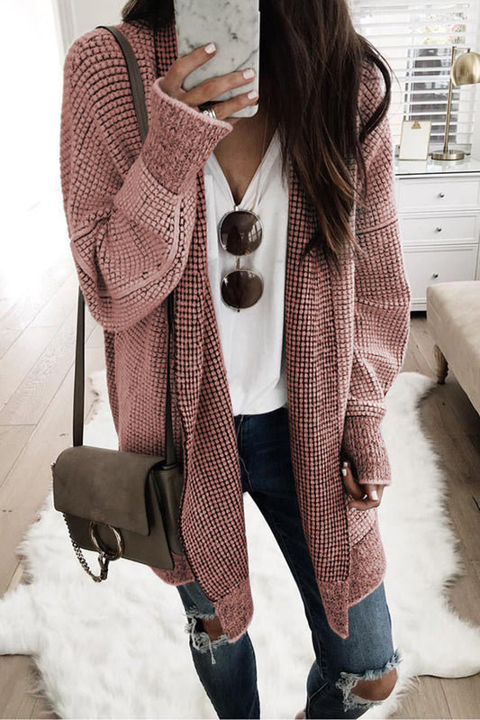 Pink Plaid Open Front Long Knitted Cardigan