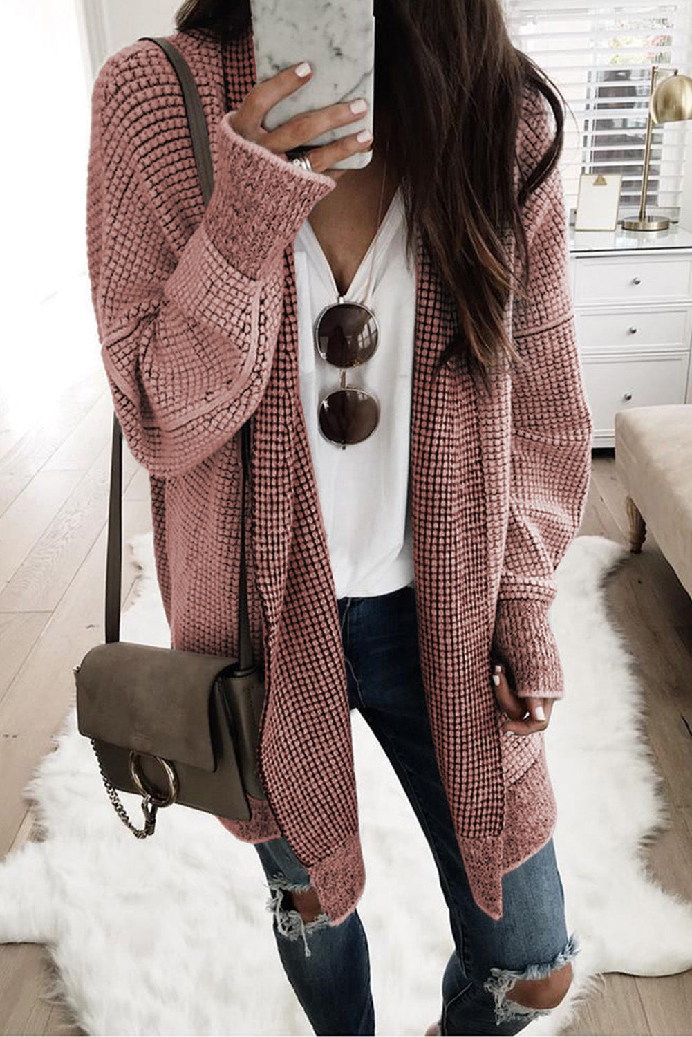 Cardigan long tricoté à carreaux rose ouvert sur le devant-A WOMAN WE LOVE