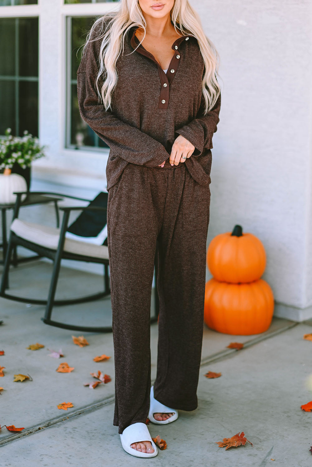 Brown Caned Caned Collared Henley Top and Pants Lounge