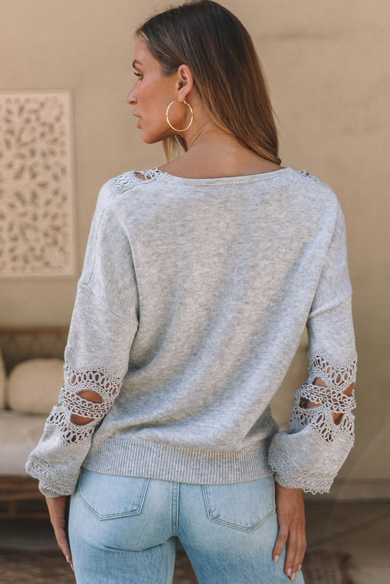 Gray V-neck Hollow Lace Splicing Loose Sweater