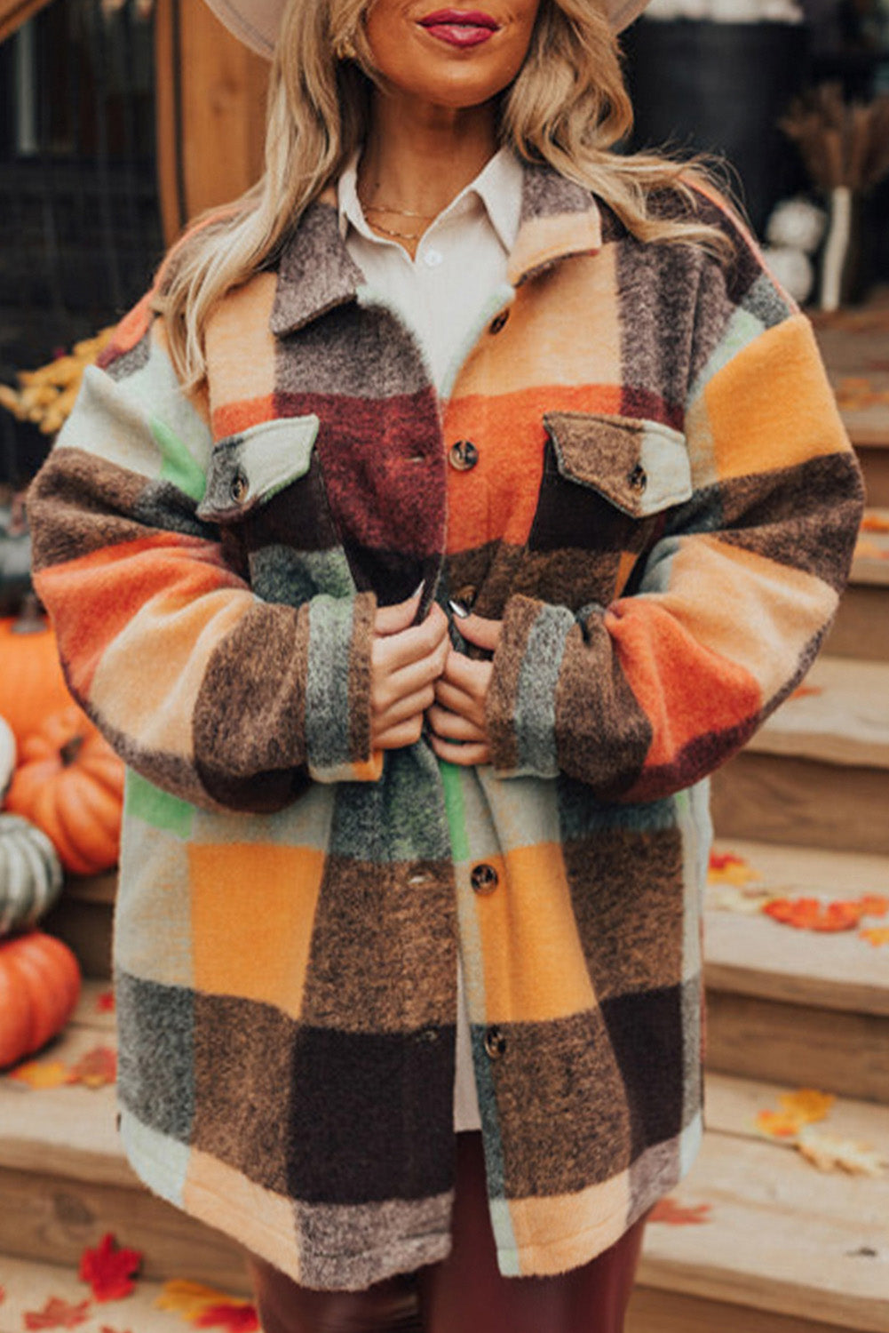 Orange Plaid Druckklappe Pocket Long Jacke