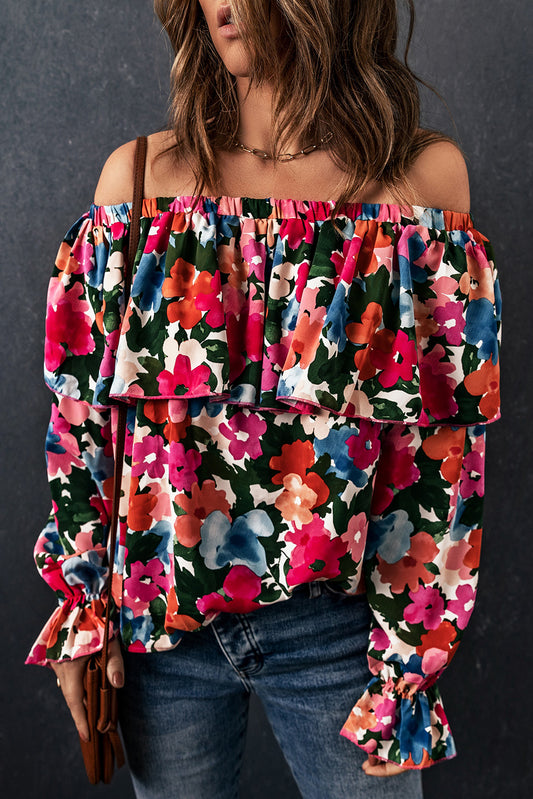 Blouse à volants et épaules dénudées à imprimé floral