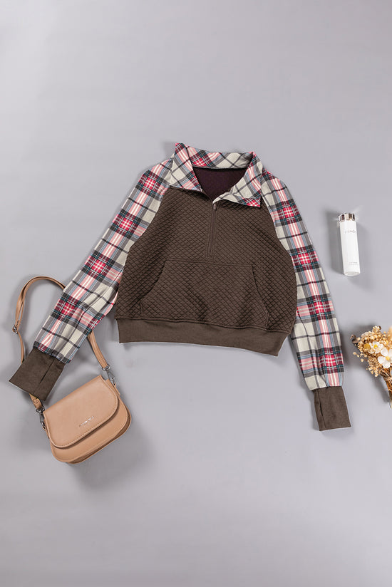 Textured sweatshirt with patchwork collar and plaid sleeves in khaki print