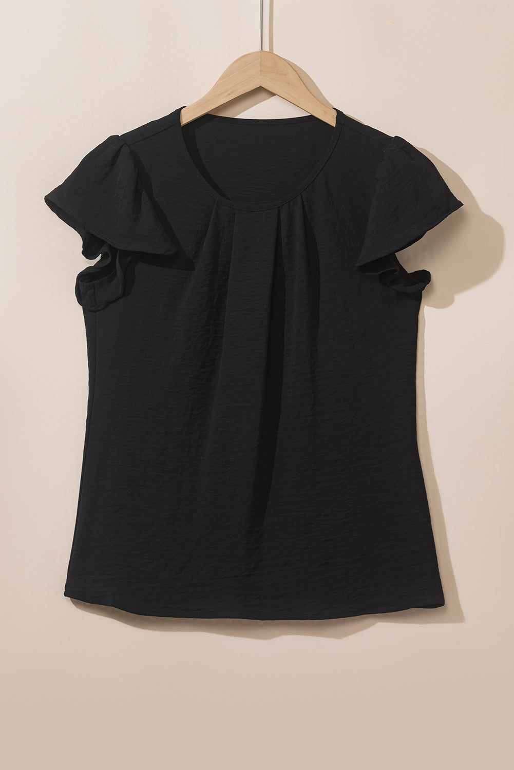 Black Solid Color Textured Pleated Flutter Sleeve Blouse