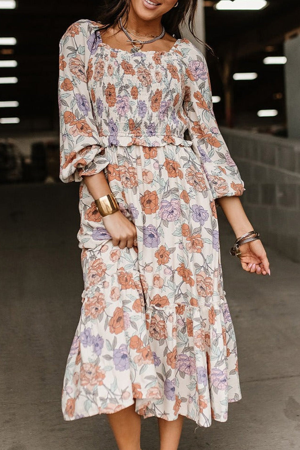 Robe smockée florale multicolore à manches longues et poches