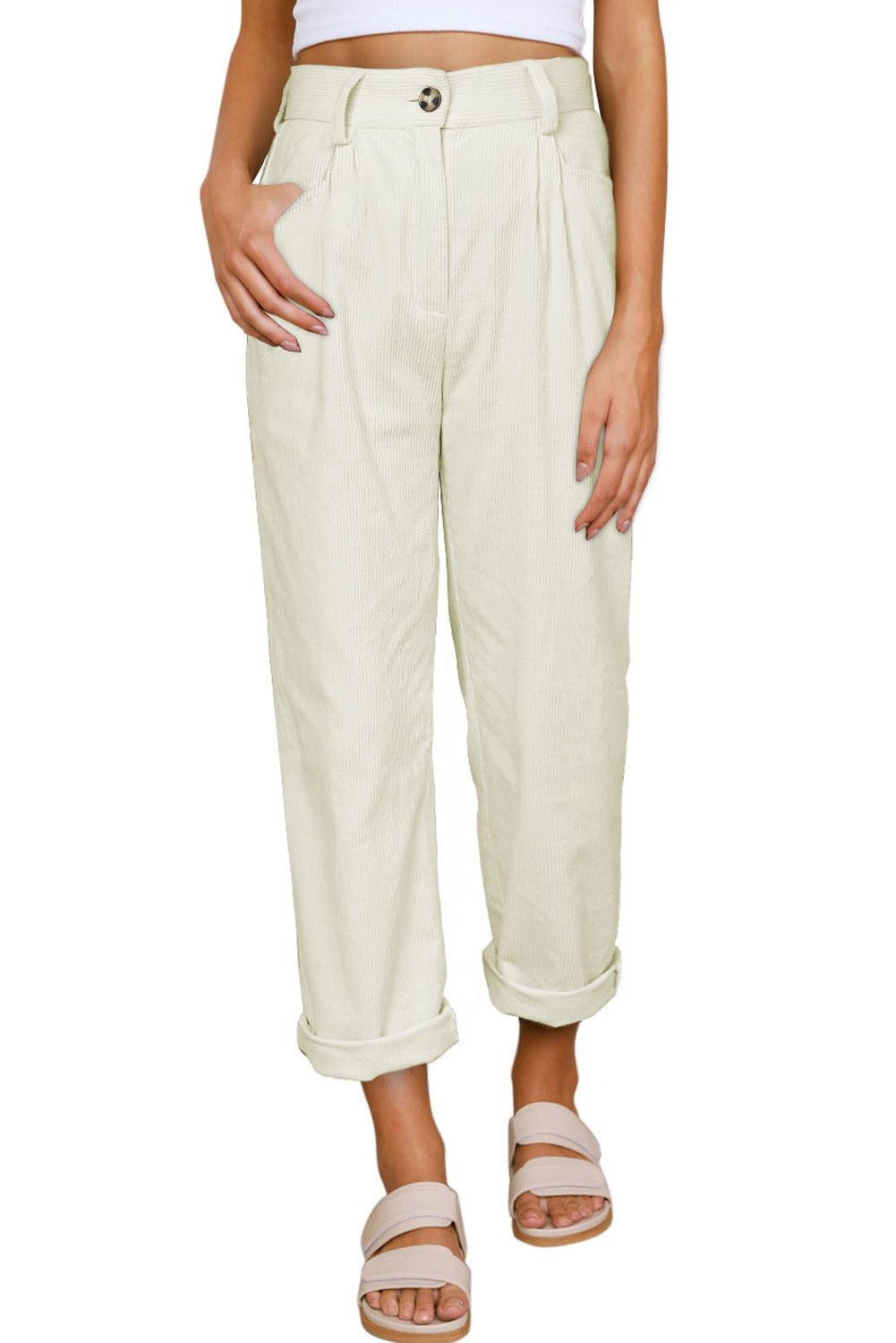 Pantalon droit taille haute en velours côtelé beige