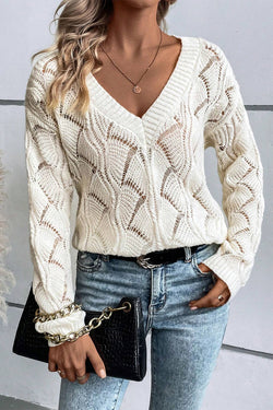 Pull beige en tricot ajouré à col en V *