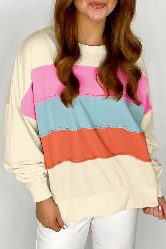 White crew neck sweatshirt with dropped shoulders in color block patchwork