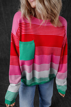 Pull shoulder sweater and knitted pink pocket pocket with pink stripes