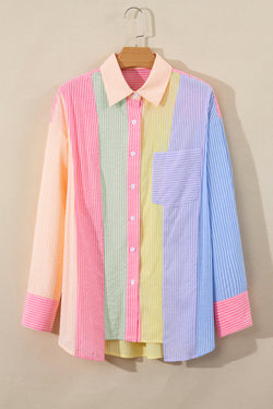 Oversize pink shirt with stripes and color blocks with chest pocket