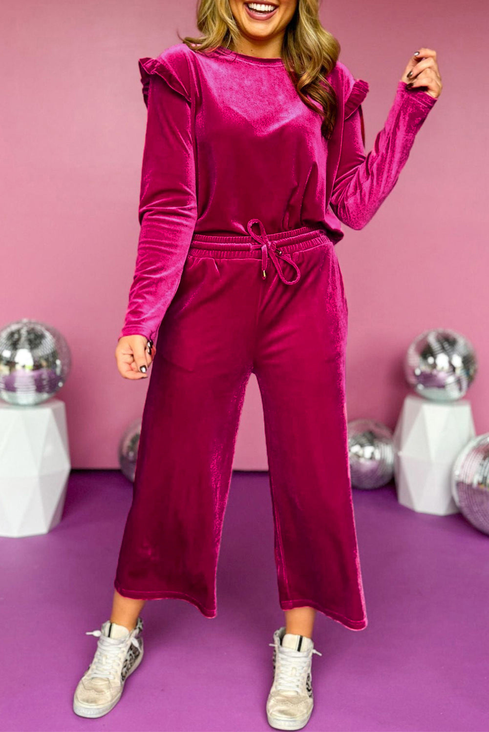 Ensemble pantalon deux pièces à volants en velours uni rouge Rose