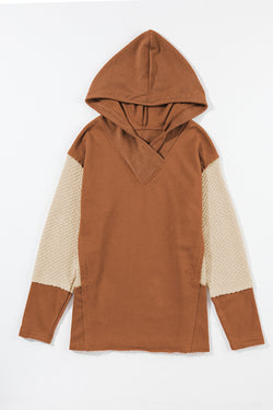 Chestnut Patchwork Color Block Hoodie with Contrast Sleeves