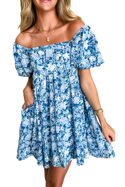 Vestido corto Babydoll azul con flores *