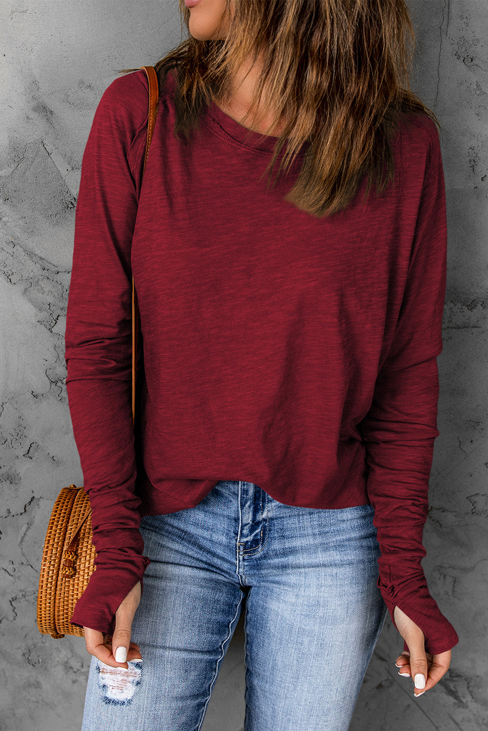 Top de manga larga y cuello liso rojo brillante