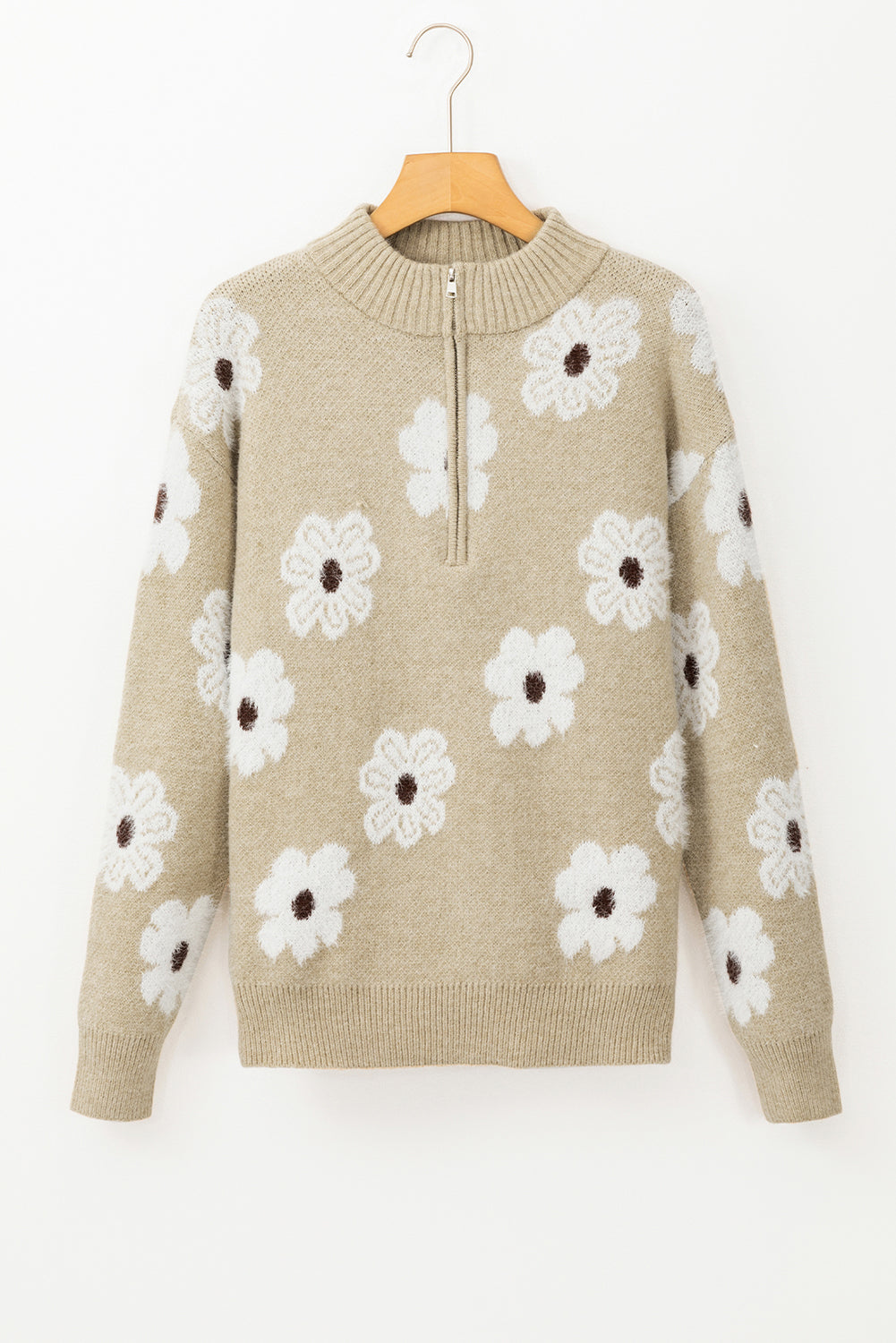 Khaki sweater with floral motif and half-zip *