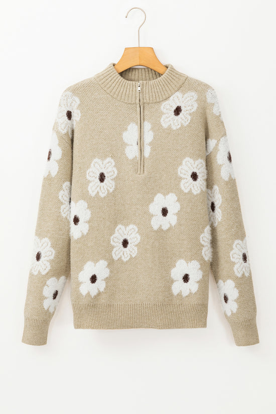 Khaki sweater with floral motif and half-zip *