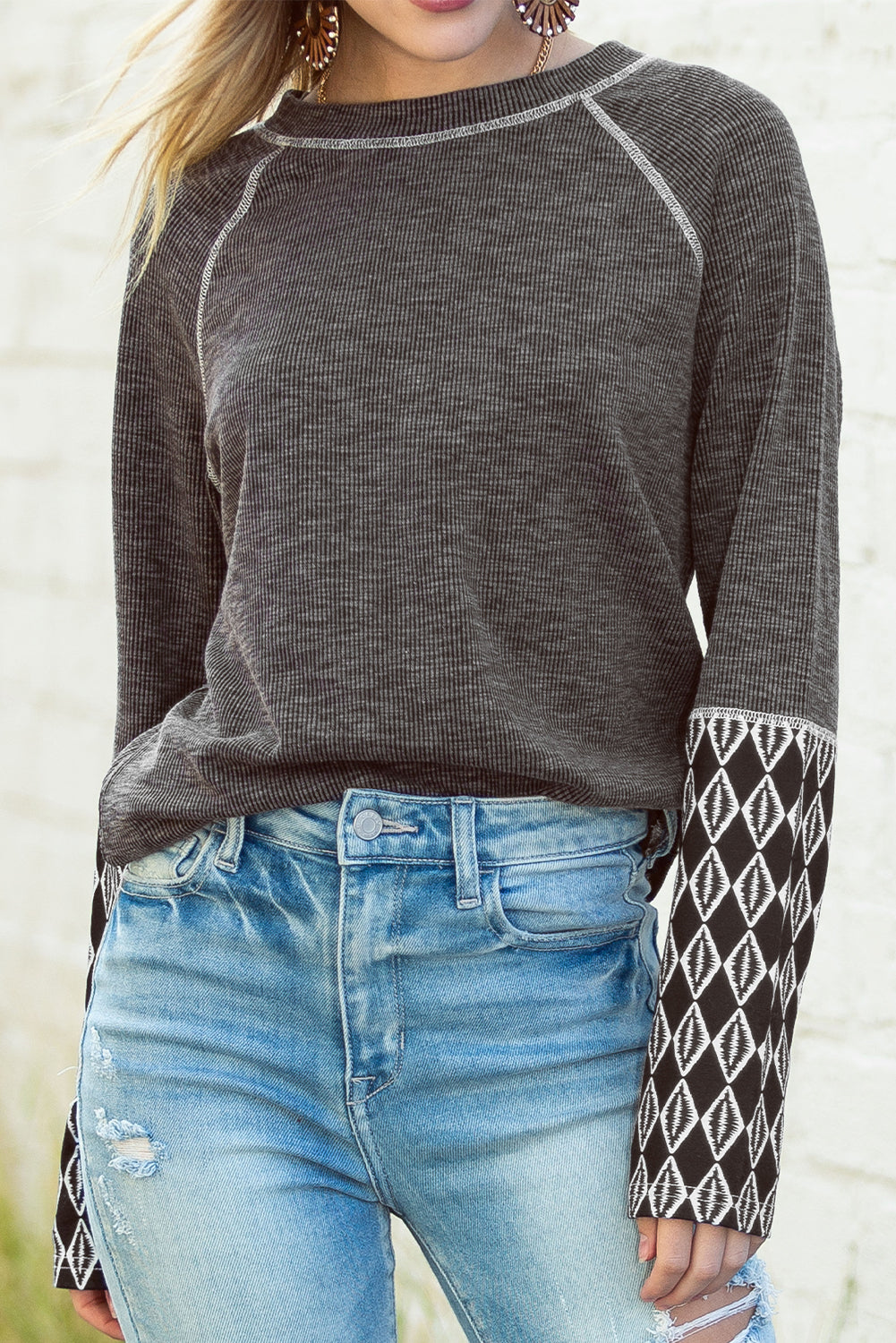 Gray Aztec Patchwork Ribbed Long Sleeve Top