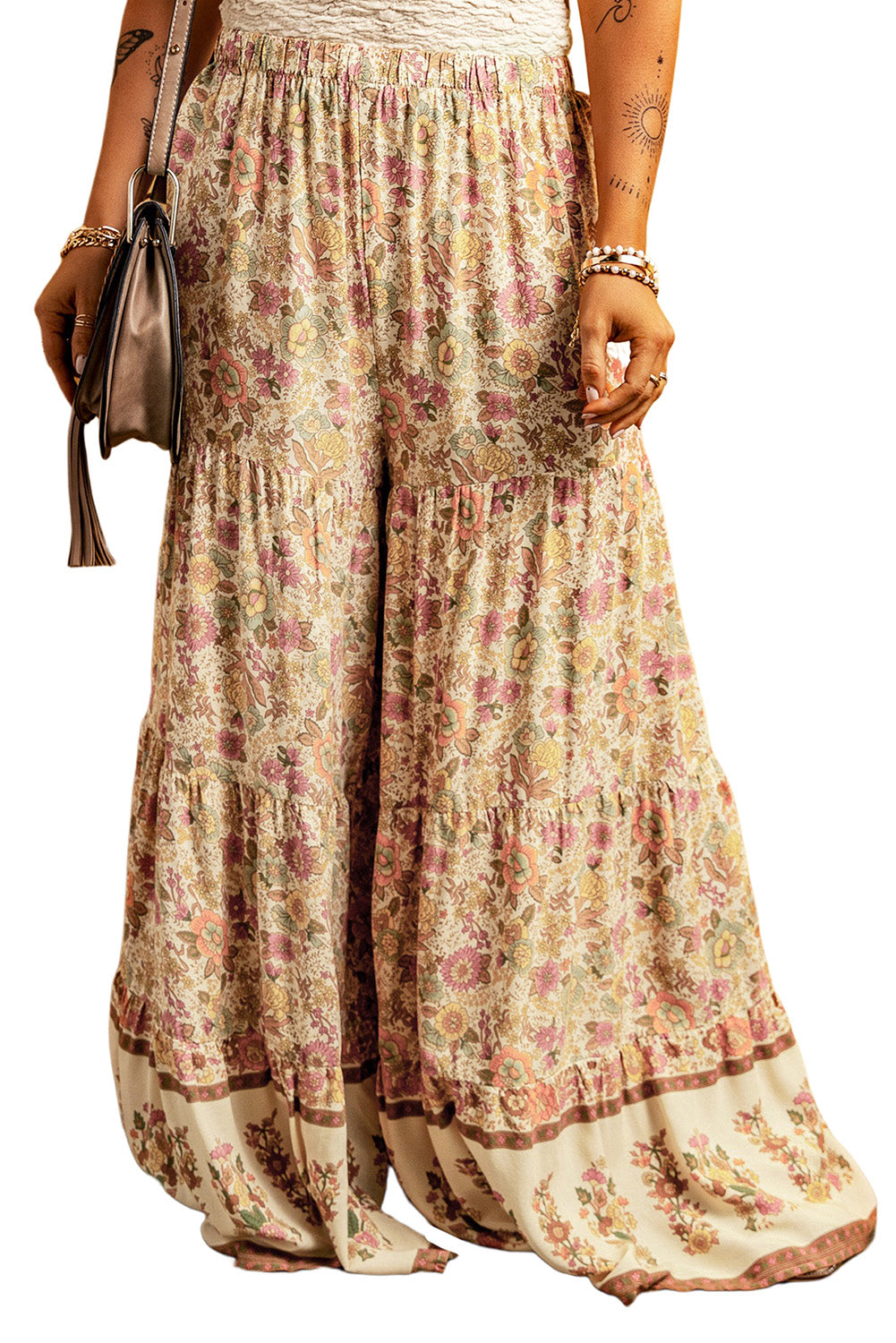 Multicolor Boho Floral Patchwork Loose Fit Wide Leg Pants