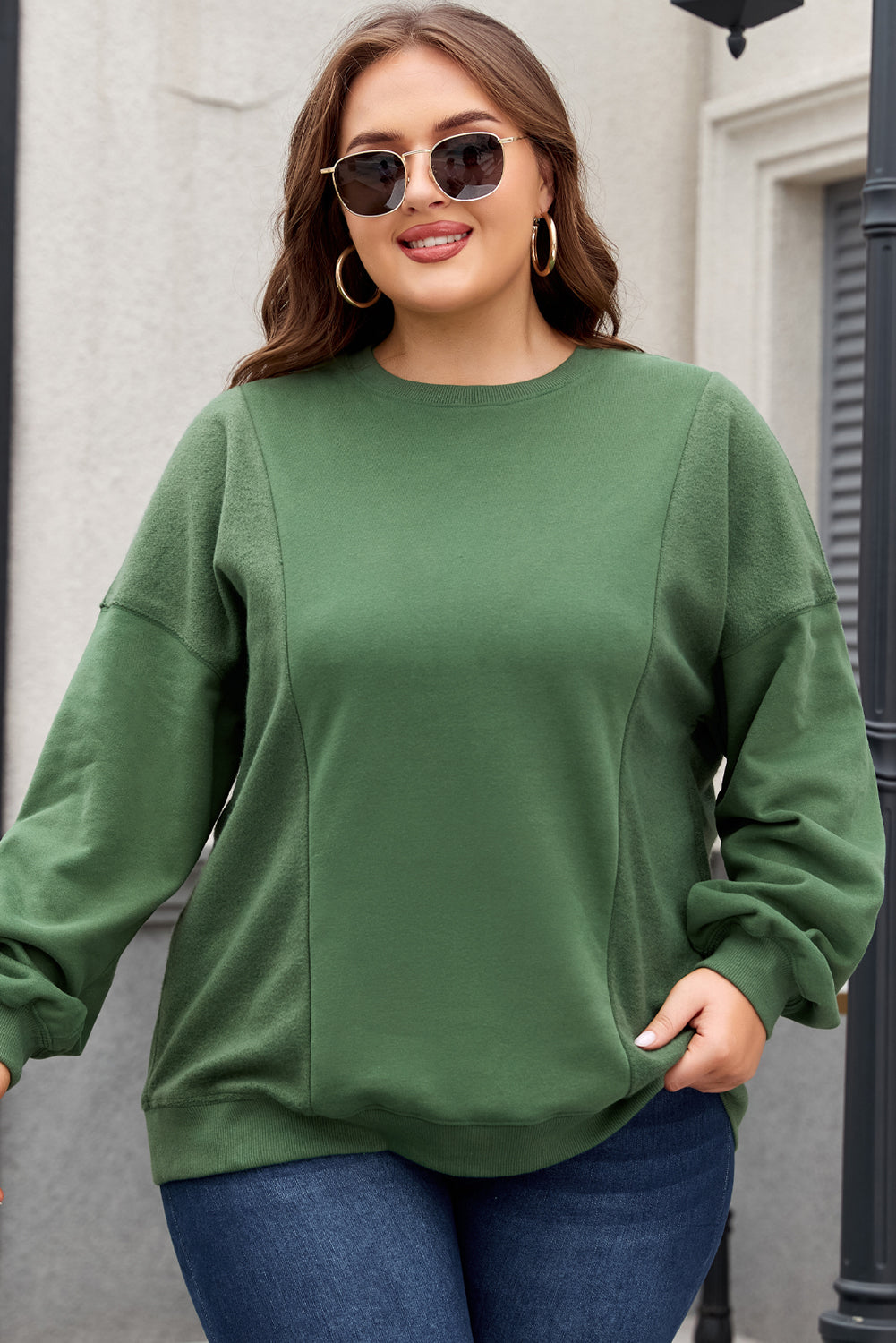 Blackish Green Plus Size Round Neck Patchwork Loose Sweatshirt