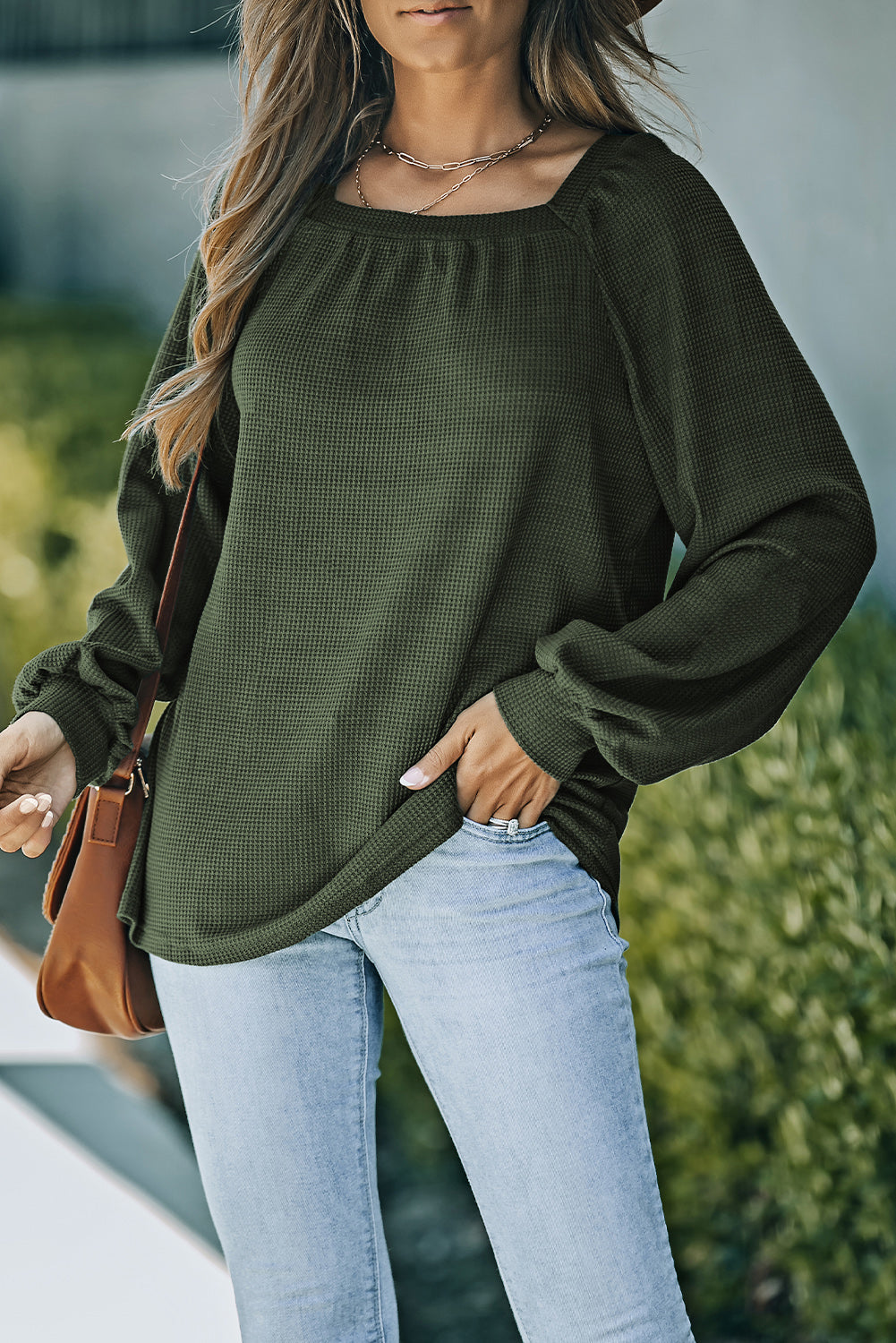 Haut en tricot gaufré vert à col rond et manches bouffantes