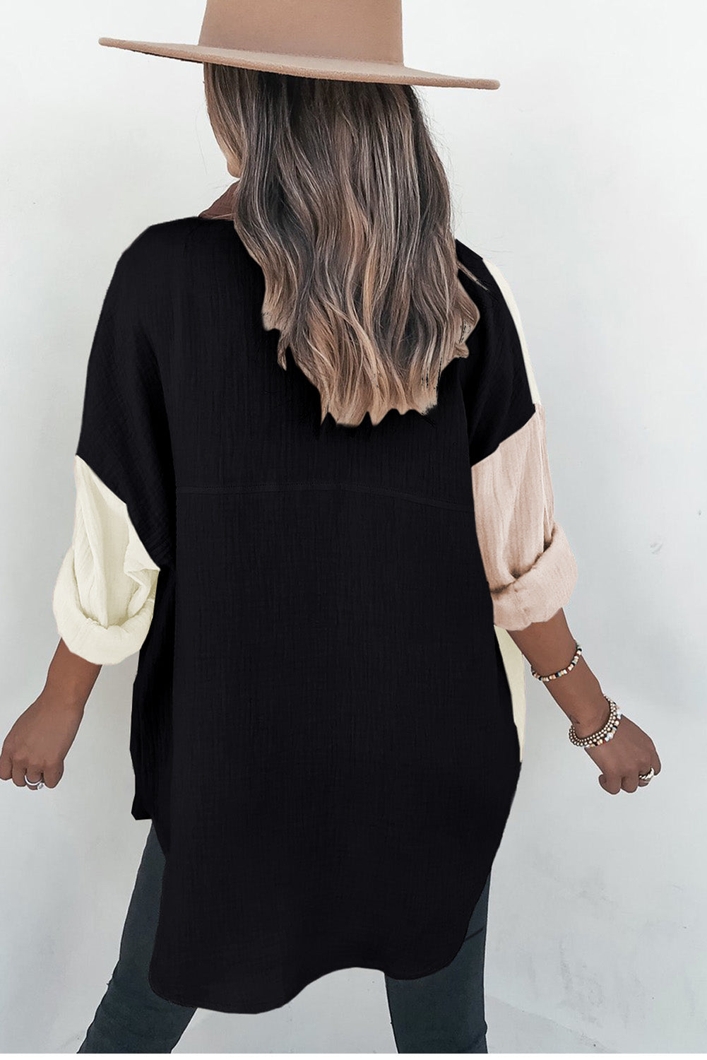 Black Colorblock Crinkled Pocketed Shirt