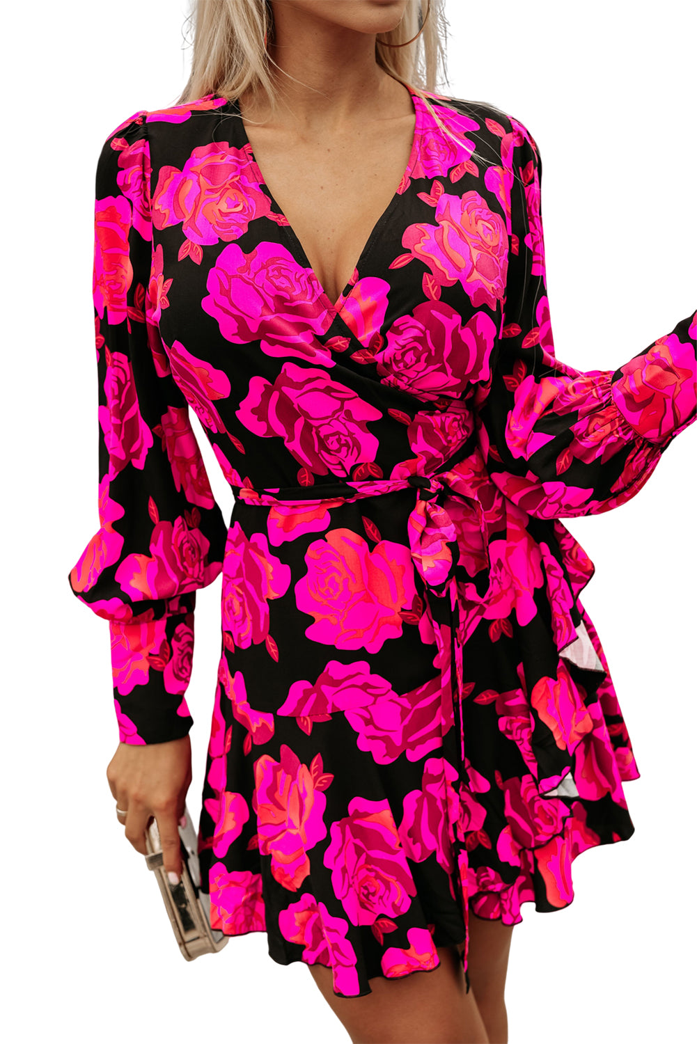 Rose Floral Imprime en V Wrap Bishop Sleeve Ruffle Mini Robe