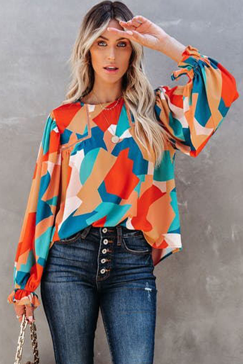 Multicolore Abstract Pattern Crewnack Clewle Sholeve Blouse