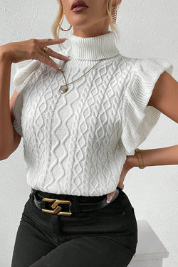 White ruffled sweater in twisted knitting with short sleeves and turtlenecks