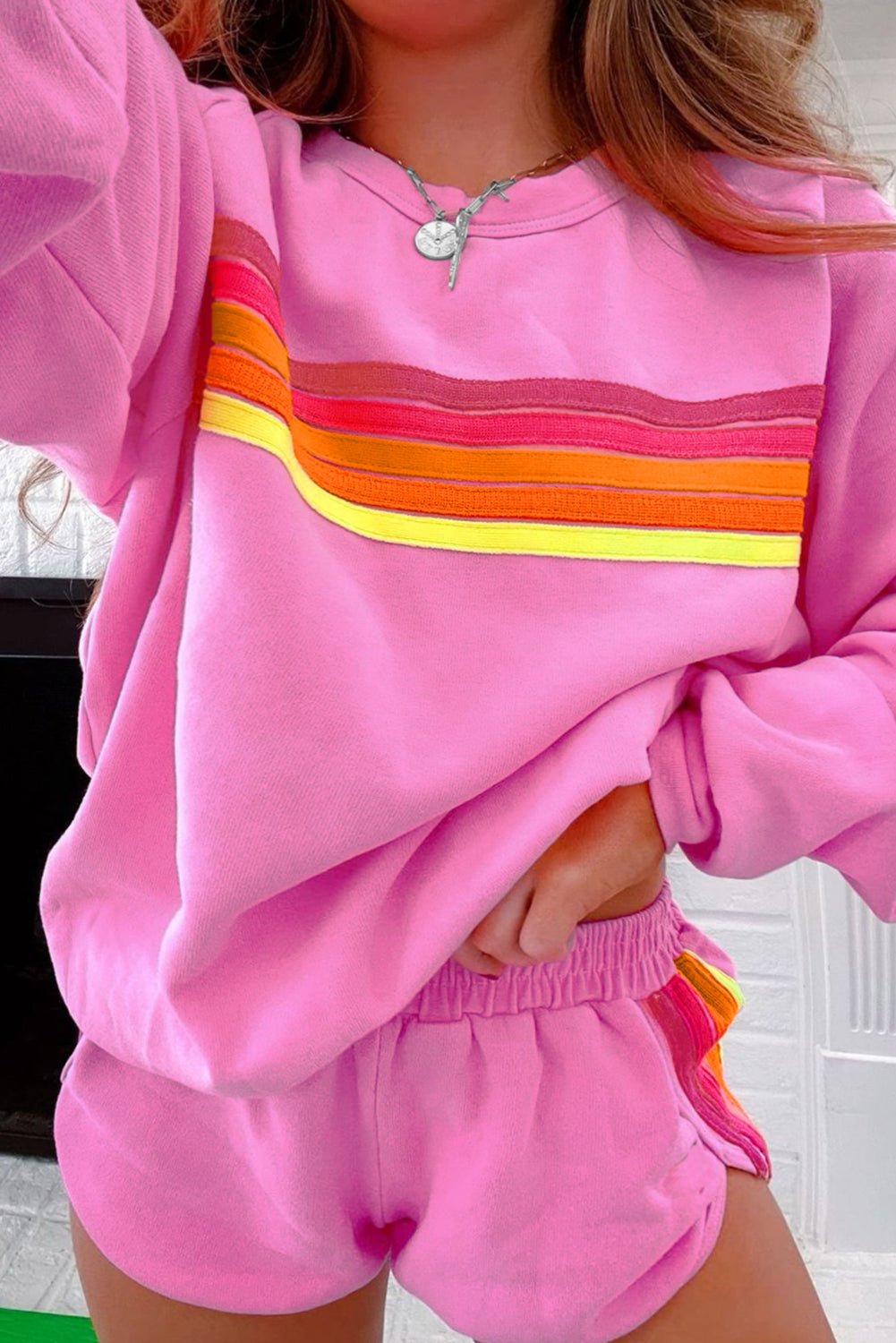 Casual Two Piece Set Candy Striped Sweater and Shorts