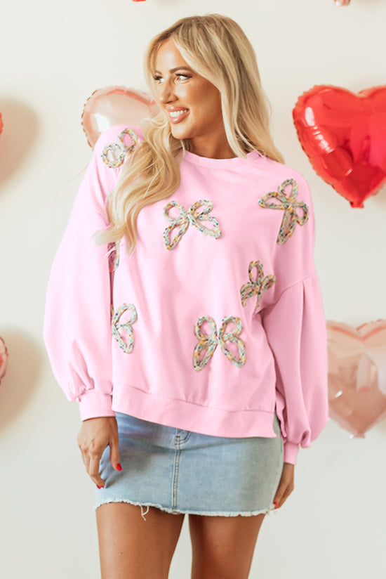 Light Pink Embroidered Bow Lantern Sleeve Oversized Sweatshirt