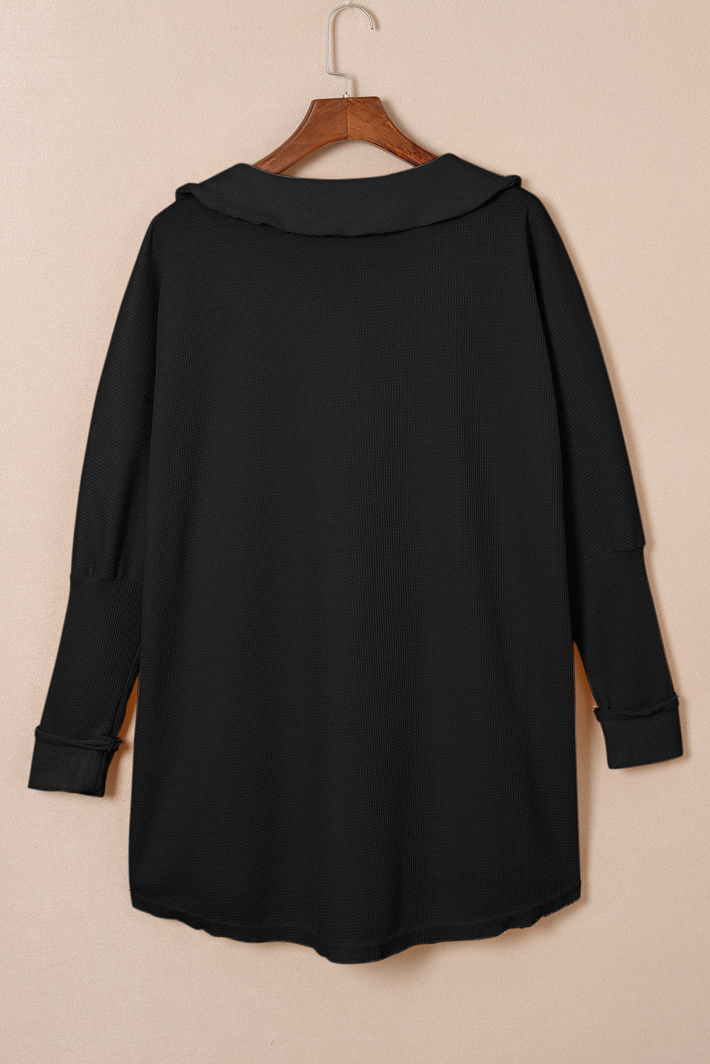 Black Waffle Knit Buttoned Long Sleeve Top