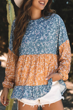 Orange blouse with flowers and color blocks *