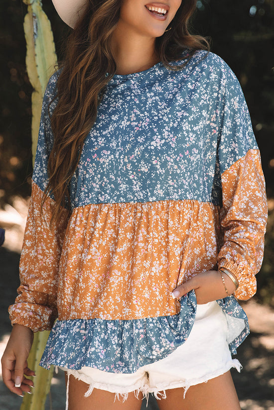 Orange blouse with flowers and color blocks *