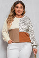 Plus Size Leopard Splicing Color Block Ribbed Khaki Top