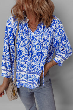 Blue blouse bohemian printed with 3/4 sleeve and tied collar