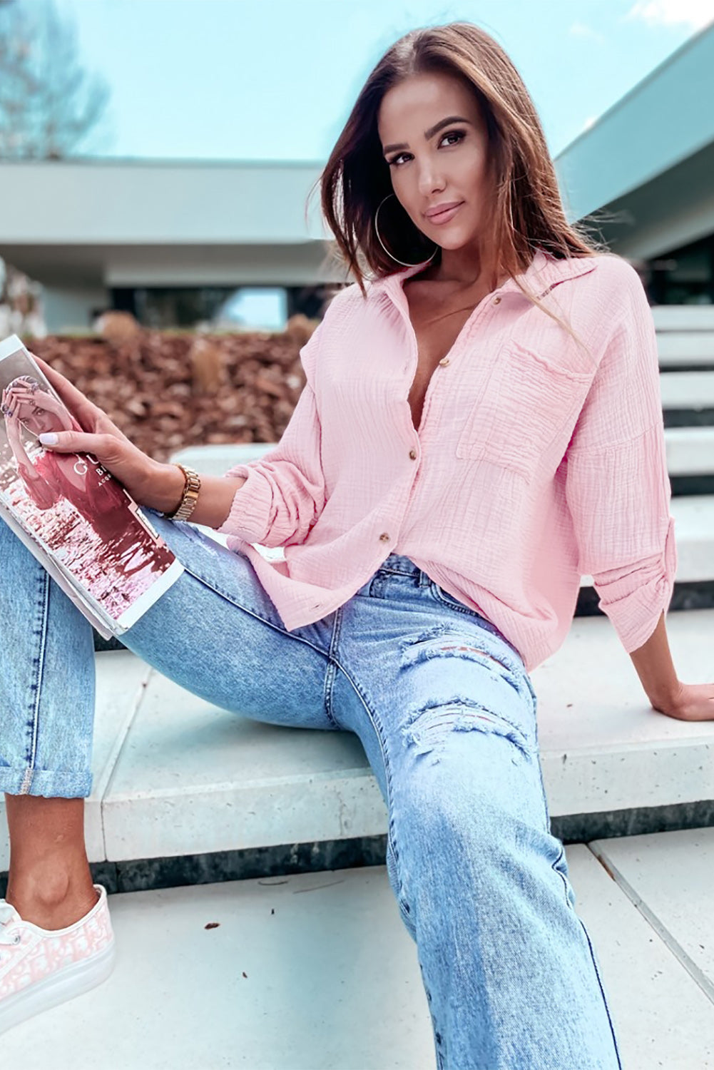 Camisa de manga de titular de textura rosa rosa